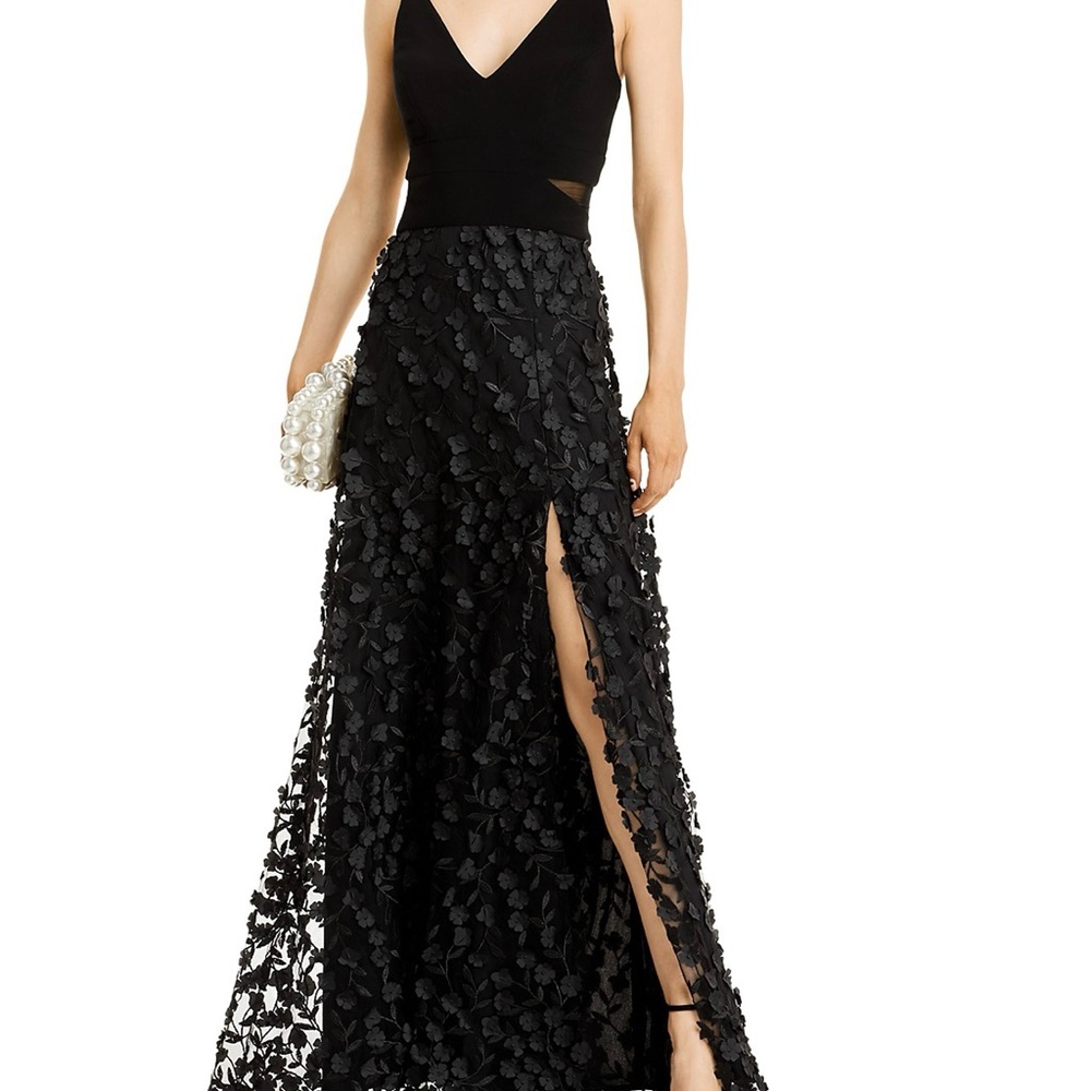 Elegant Black Evening Gown with Floral Details